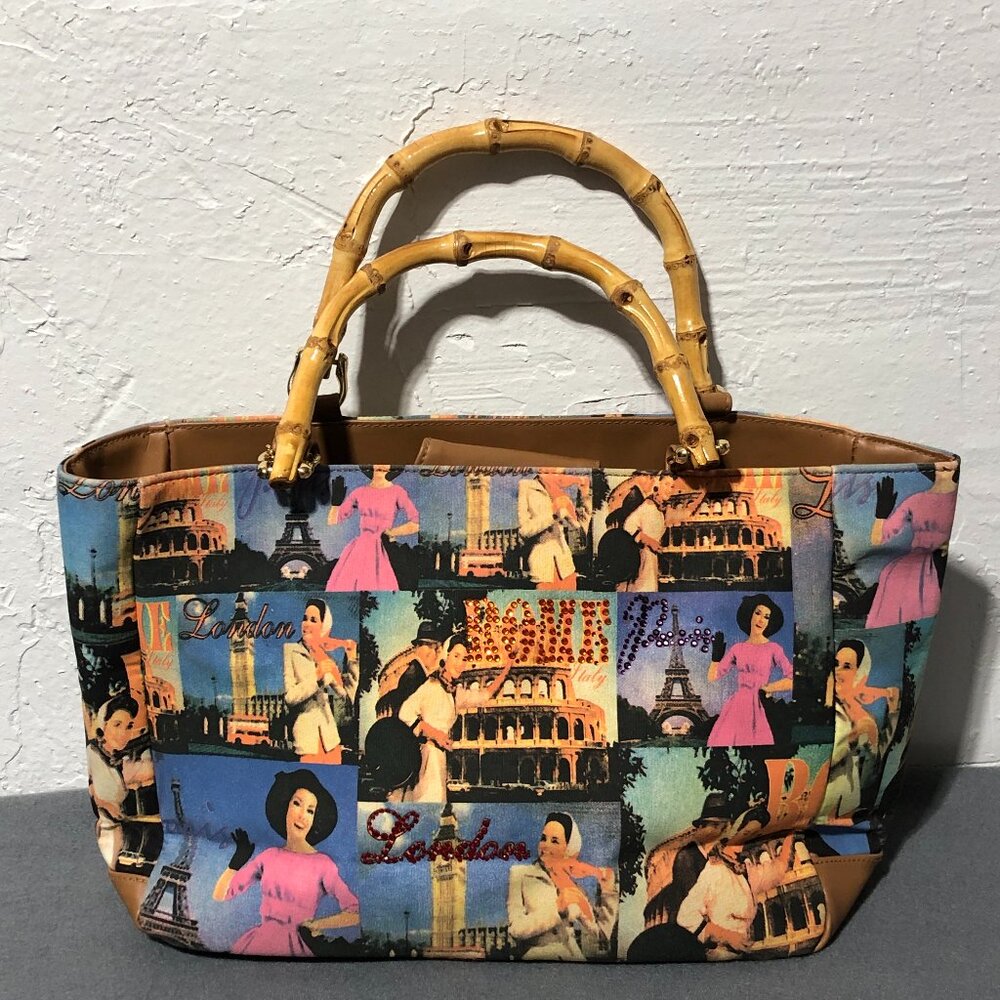 Bueno Purse tote Vintage Postcards London Rome Wearable Art Bamboo handle
